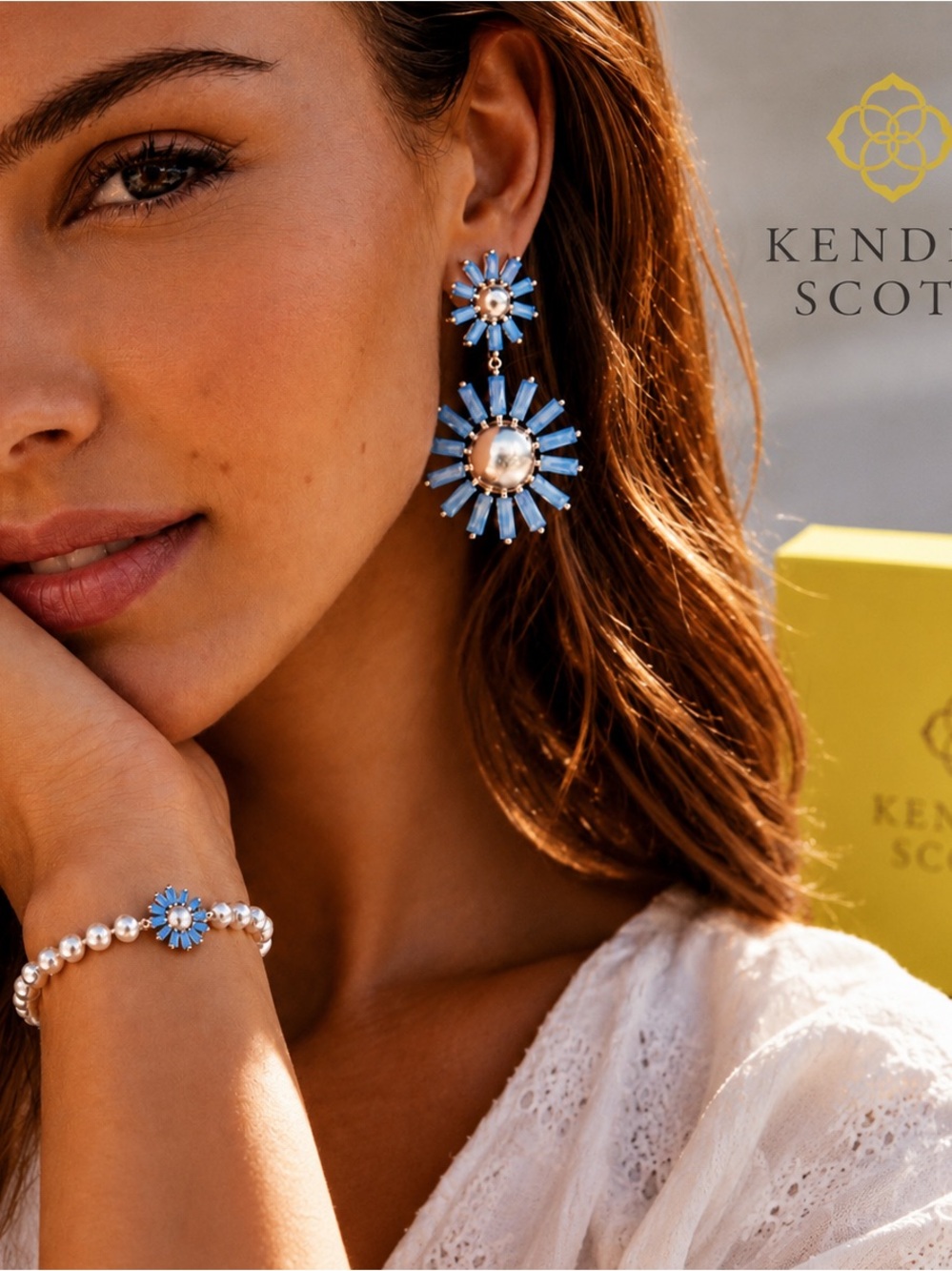 Kendra Scott Madison Daisy Pearl Blue Opal Earrings Stretch Bracelet set Summer